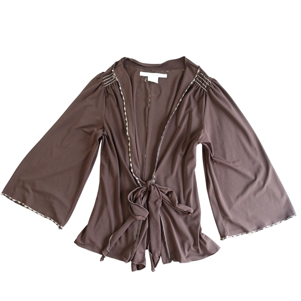Vintage Y2K Max Studio Cardigan Chocolate Brown Open Tie Front Bell Sleeve Top M